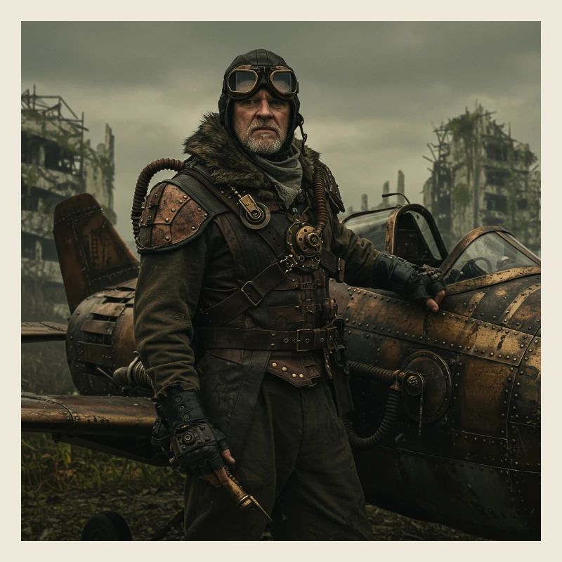 Steampunk-Pilot auf postapokalyptischen Ruinen