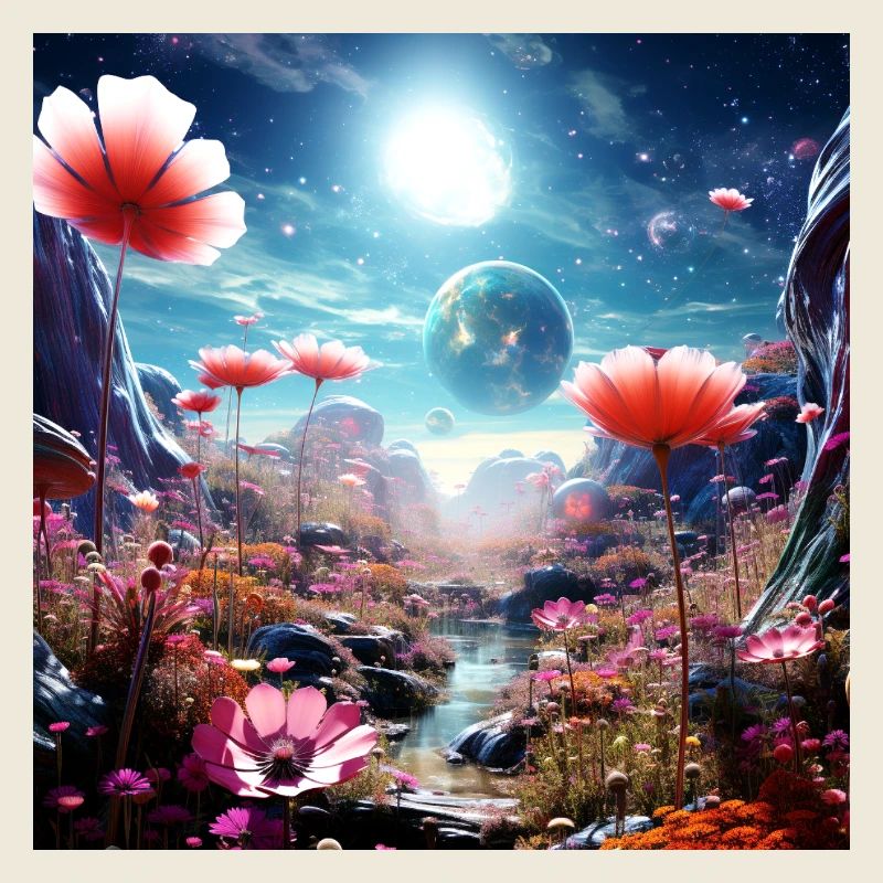 Monde lointain de fleurs dans le ciel étoilé