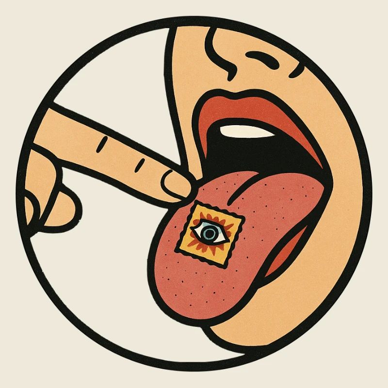 LSD Blotter auf Zunge