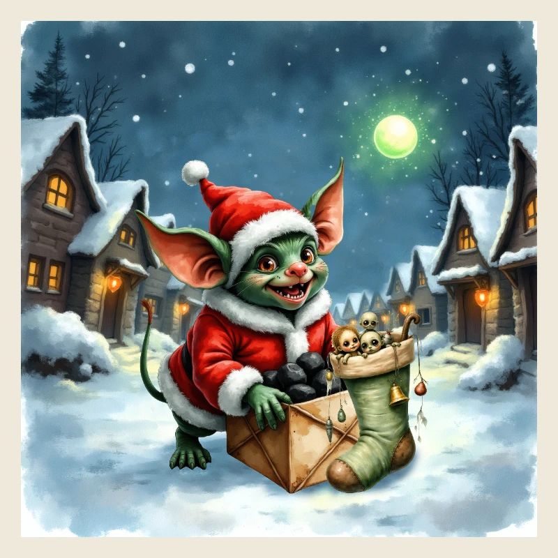 Weihnachtself schiebt verschneites Geschenk