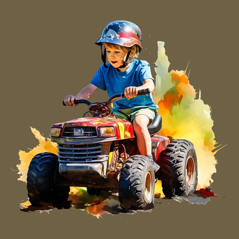 Junge auf Spielzeugtraktor mit Farbspritzer