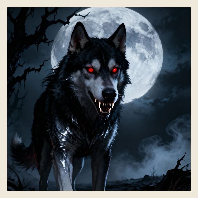 Vollmondwolf mit rotem Blick