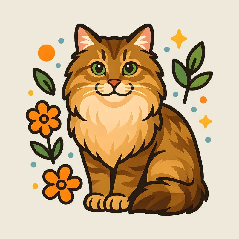 Siberian cat among flower illustration