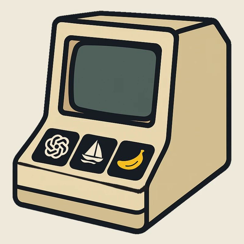 Retro AI computer with iconic symbols
