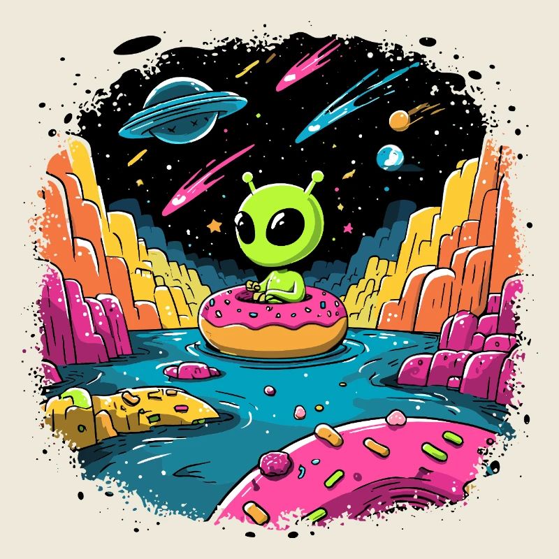 Little alien on donut in colorful cosmos