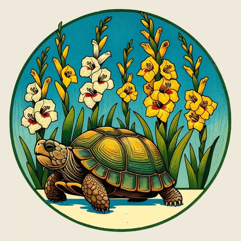 Tortue ensoleillée dans la bordure florale