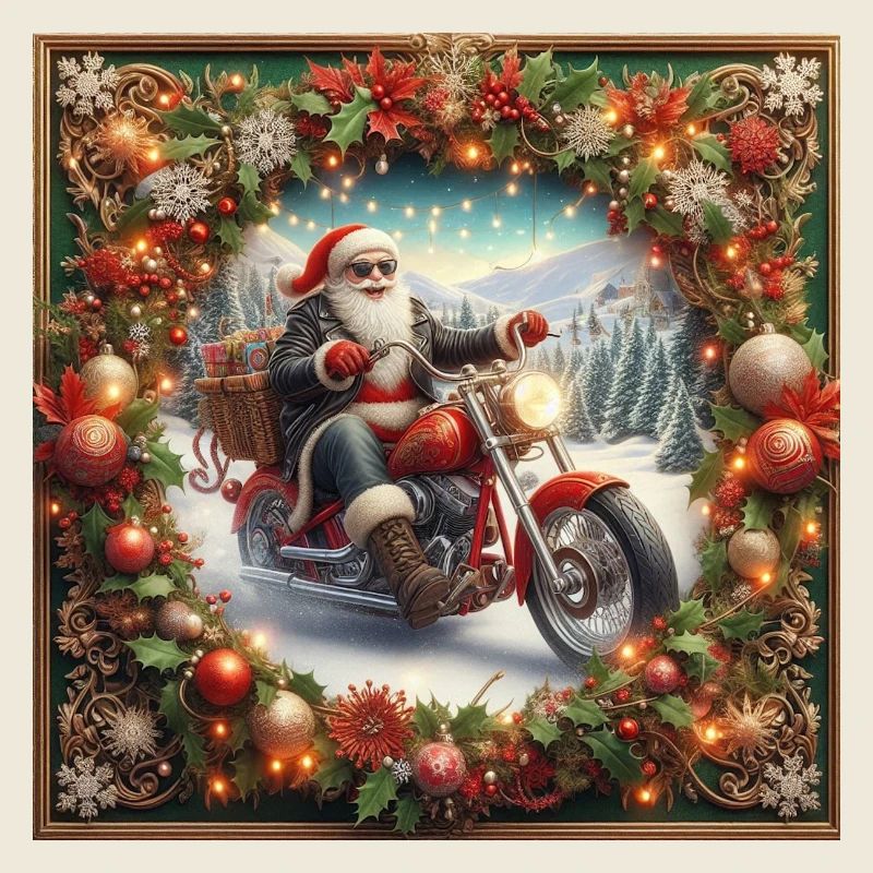 Weihnachtsmann auf einem gerahmten Motorrad