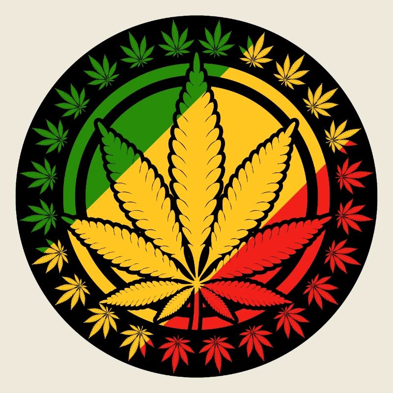 A cannabis leaf within a red yellow green circle