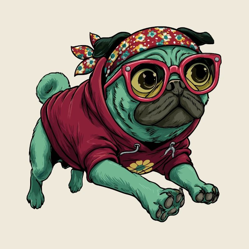 Dessin animé de canin à capuche Carlin Kawaii