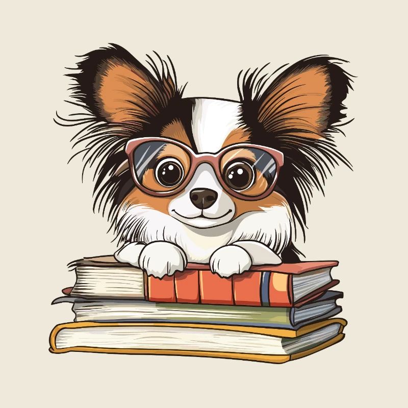 Süßes Papillon-Hundelesebuch mit Brille