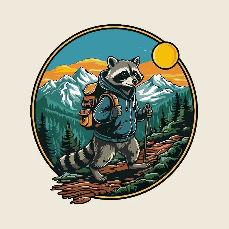 Randonnée de raton laveur mignon, camping à la montagne
