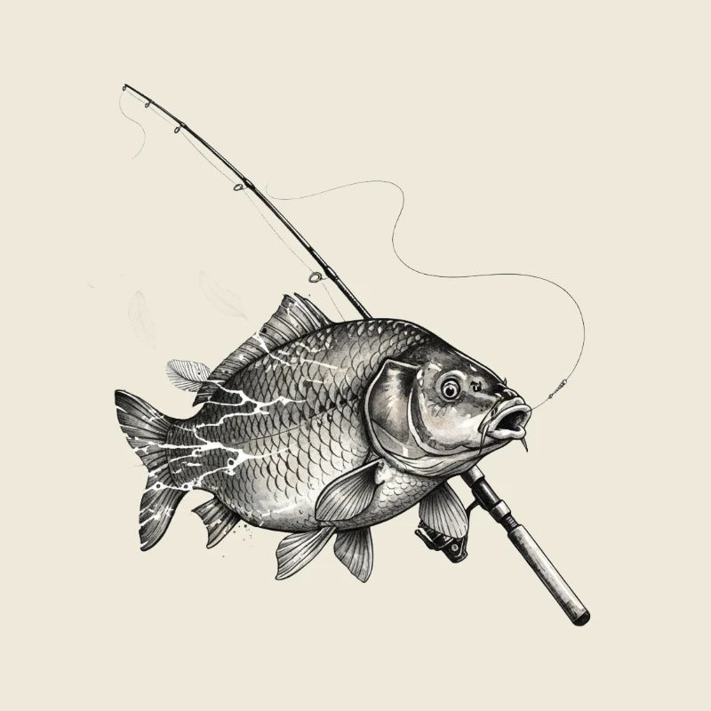 Carp Fish Rod Fishing Ink Vector