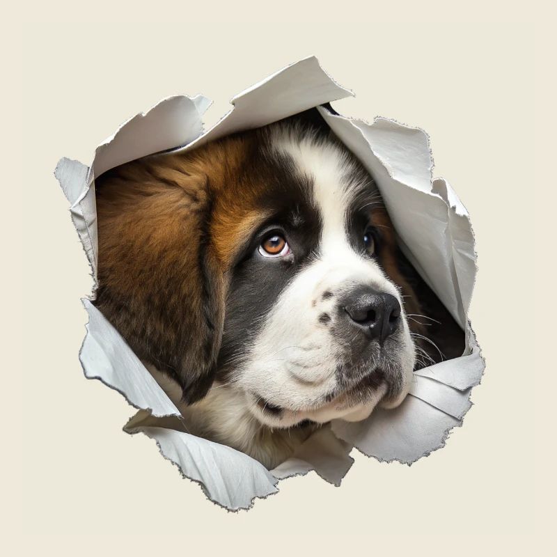 Drôle de Saint Bernard Dog qui espionne, trou en papier déchiré