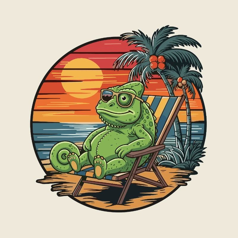 Caméléon drôle sur la plage Coucher de soleil des vacances d’été