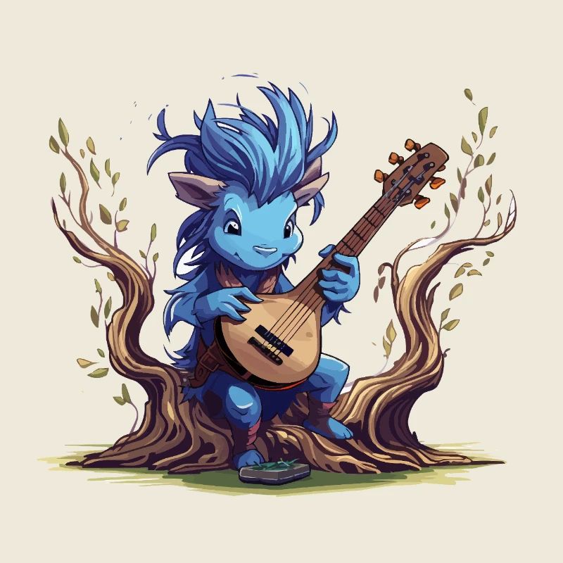 Blauer Kobold mit Laute im Wald