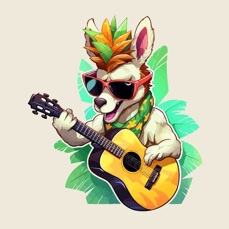 Lama mit Gitarre in Tropen