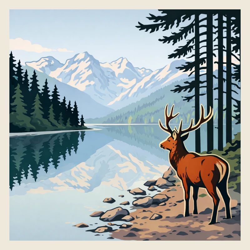 Cerfs au lac de montagne