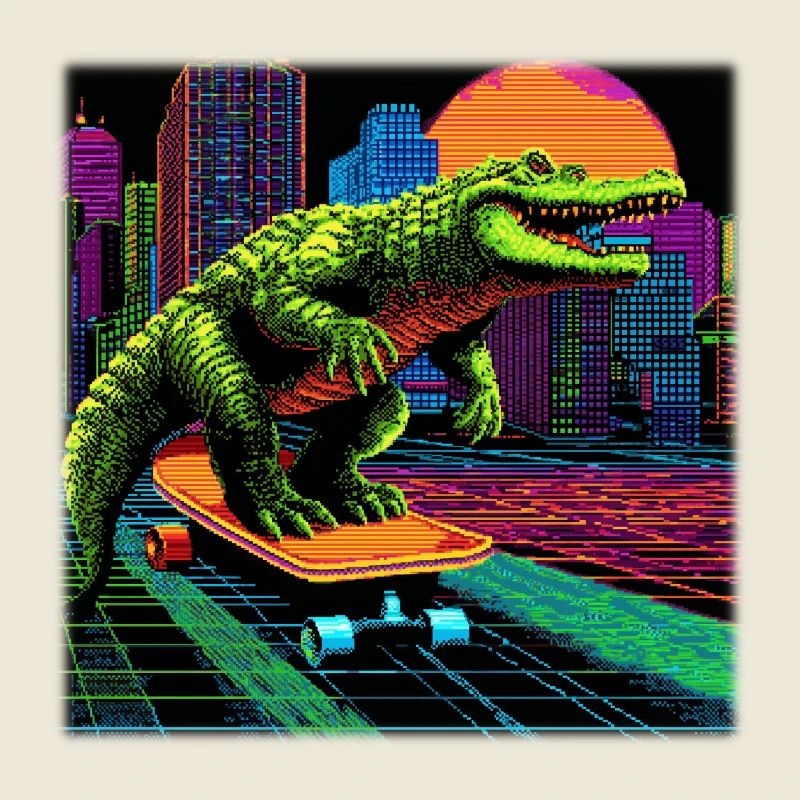 Pixel Art Krokodil – Retro Skater Synthwave
