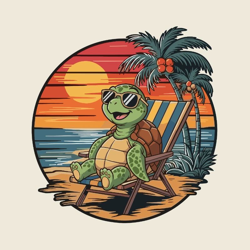 Tortue drôle sur la plage Coucher de soleil des vacances d’été