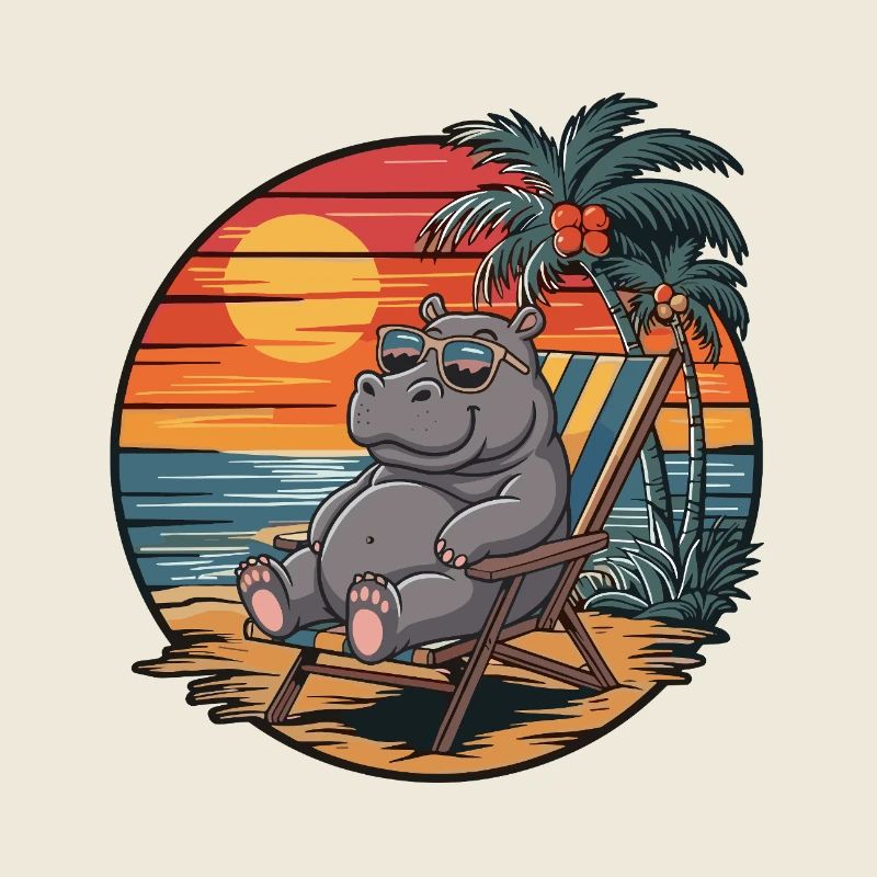 Hippopotame drôle sur la plage pendant le coucher de soleil des vacances d’été
