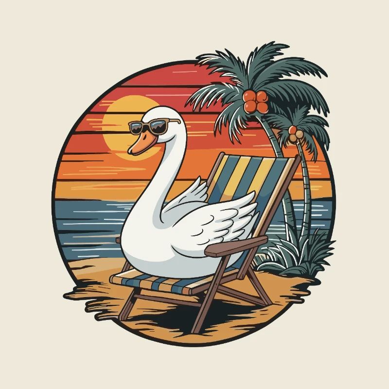 Cygne drôle sur le coucher de soleil des vacances d’été à la plage