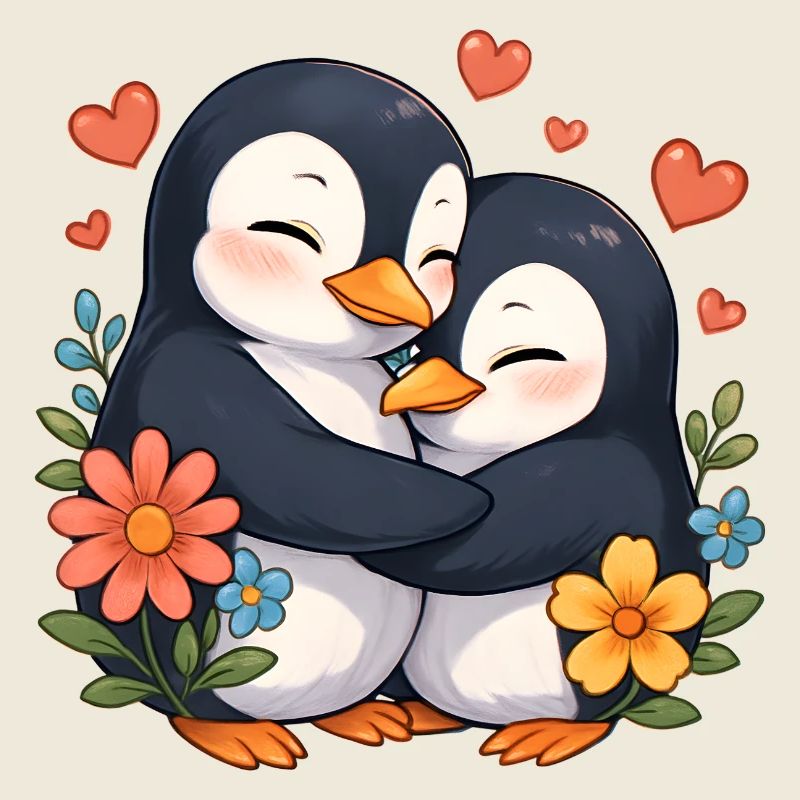 Cuddly Penguin Hug with Flowers