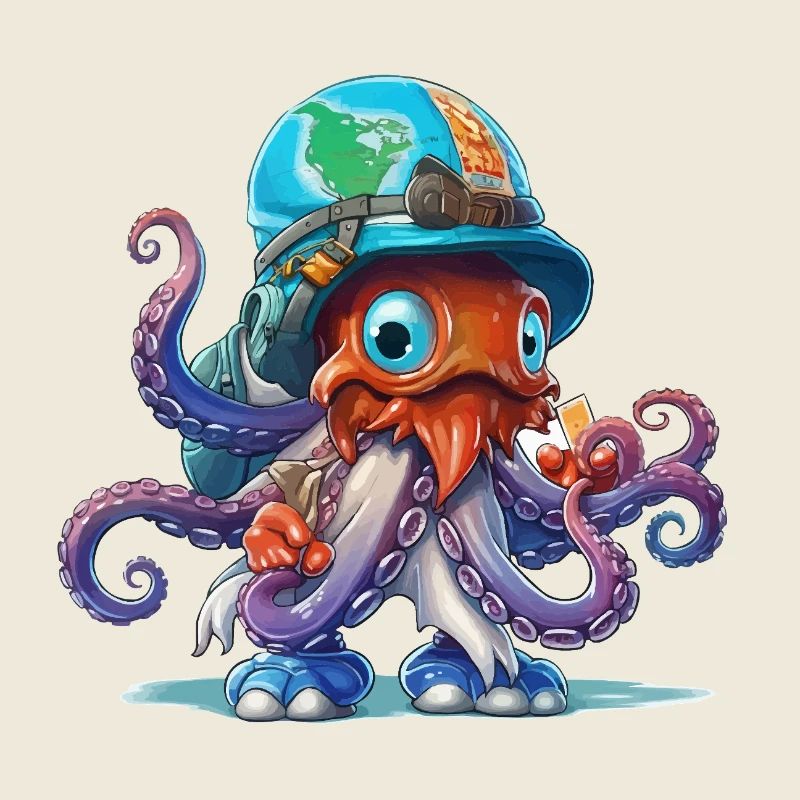 Explorateur pieuvre avec casque de carte du monde