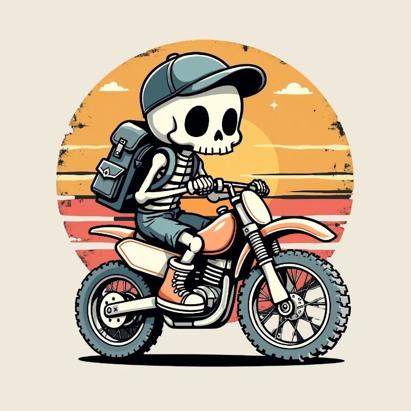 Squelette sur moto au coucher du soleil