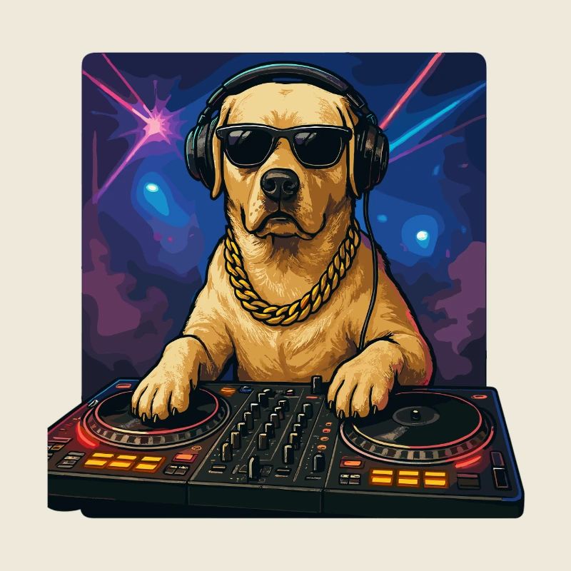 DJ labrador cool sur des platines dans une boîte de nuit