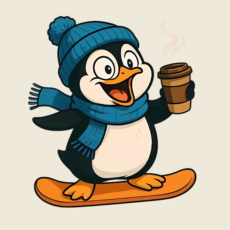 Snow Penguin with Coffee and Scarf