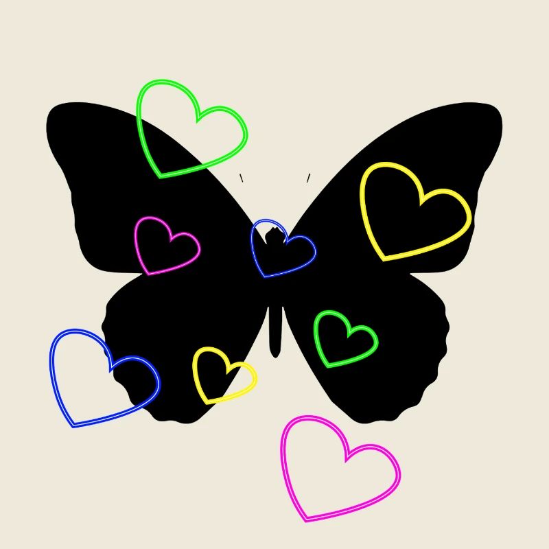 Mehrfarbige Neonherzen auf Schmetterling