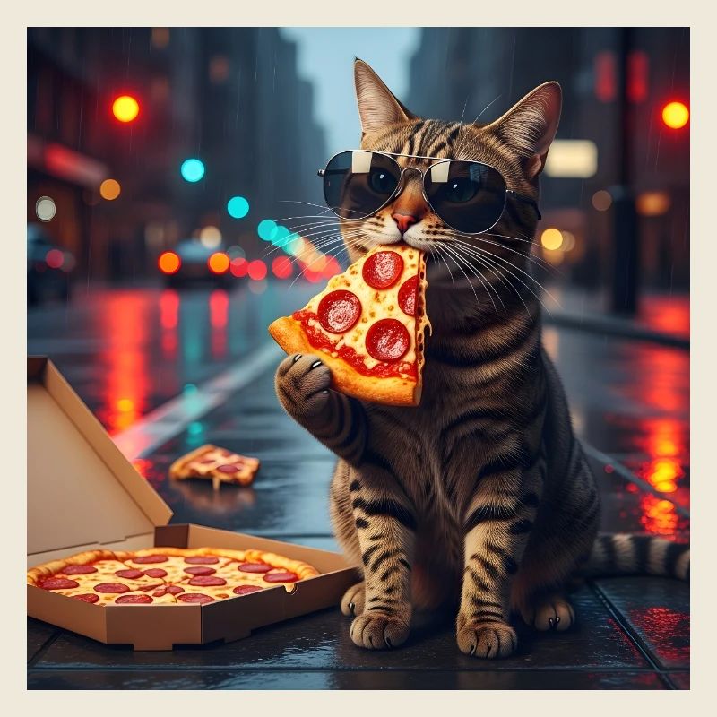 PizzaCat sous la pluie néon