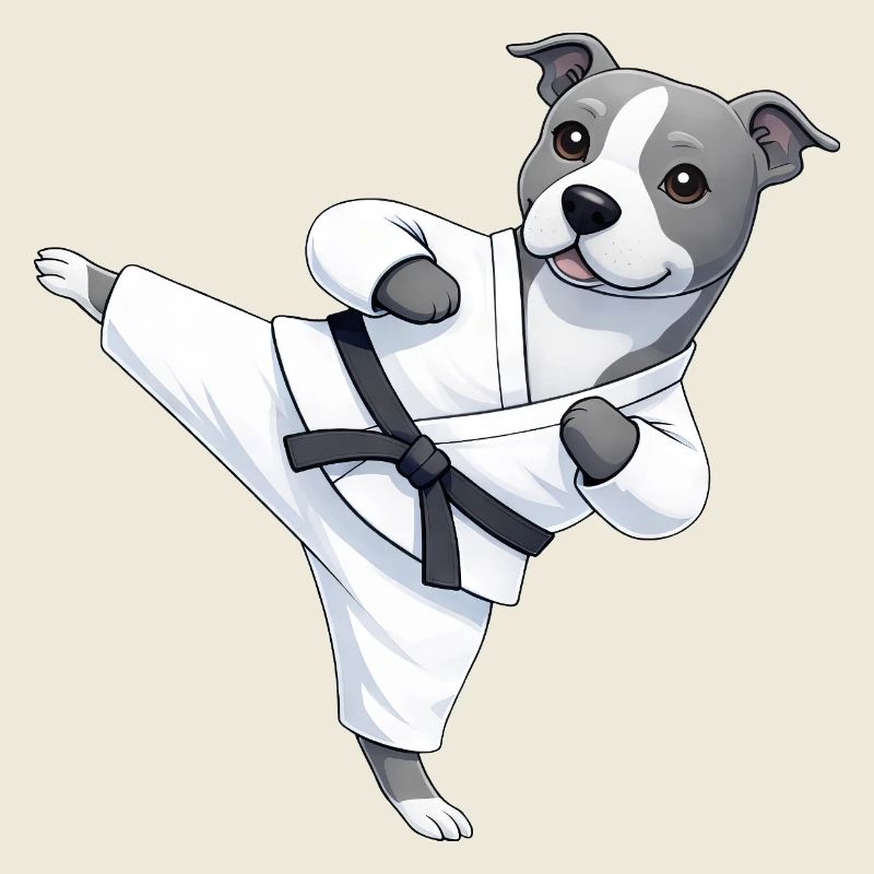 Cute Pitbull Karate Martial Arts Cartoon Dog