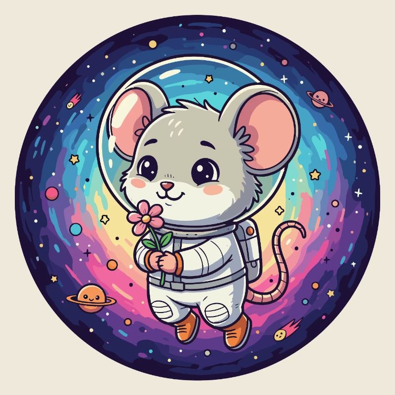 Maus im Astronautanzug mit Blume im All