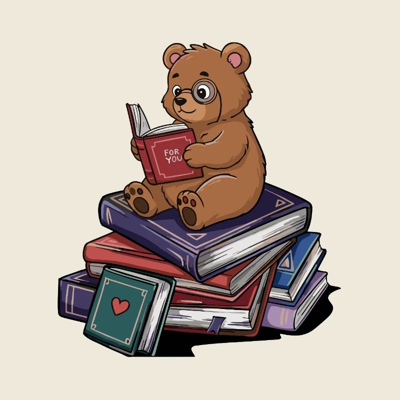 Bookworm Bear Animal Reading Books Art
