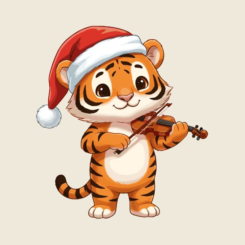 Christmas Tiger Cat Playing Violin Art