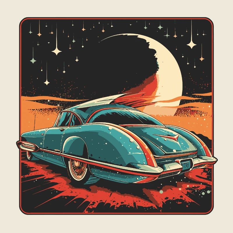 Retro futuristic blue car on a stylized night