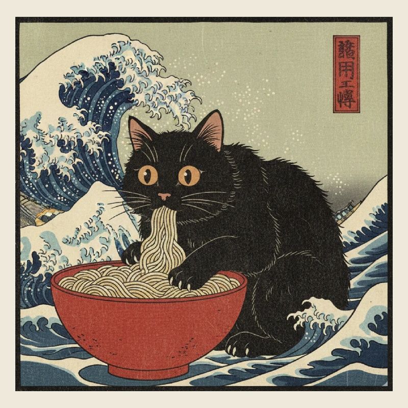 Japan Cat Ramen Noodles Retro Wave Pattern