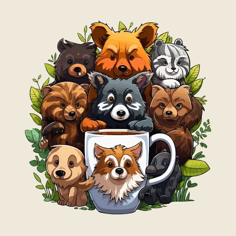 Kuschelnde Hundebande um Kaffeebecher