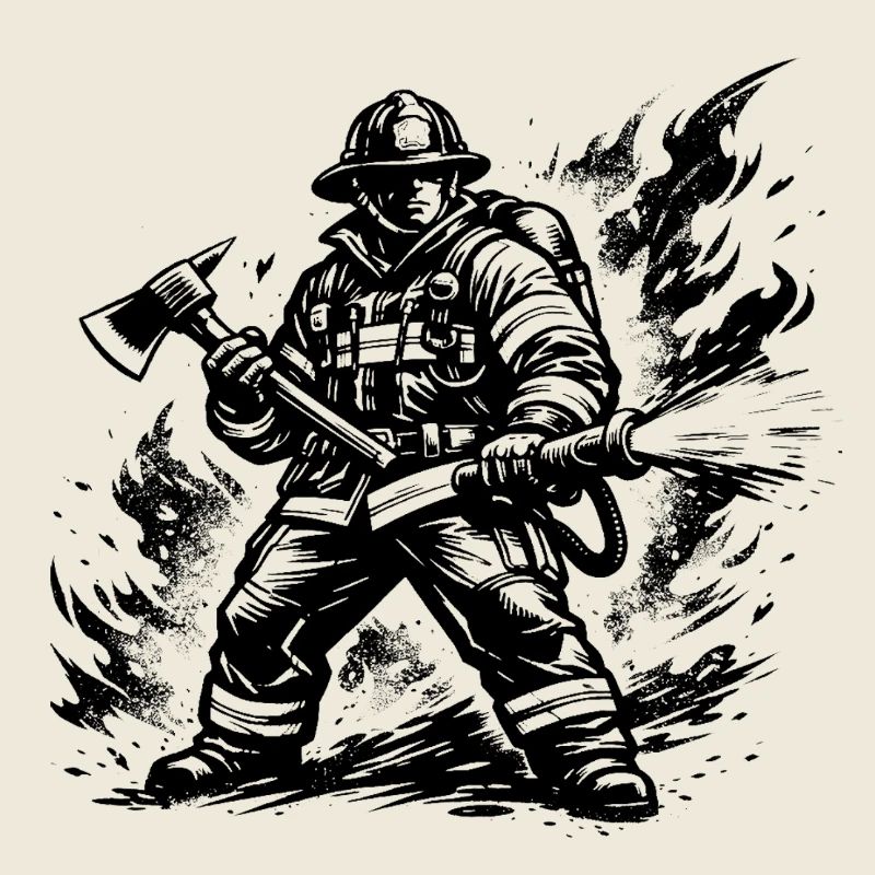 Heroic Firefighter Comic Style Black White