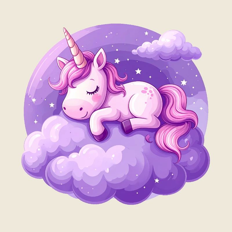 Licorne rose dormant sur un nuage violet