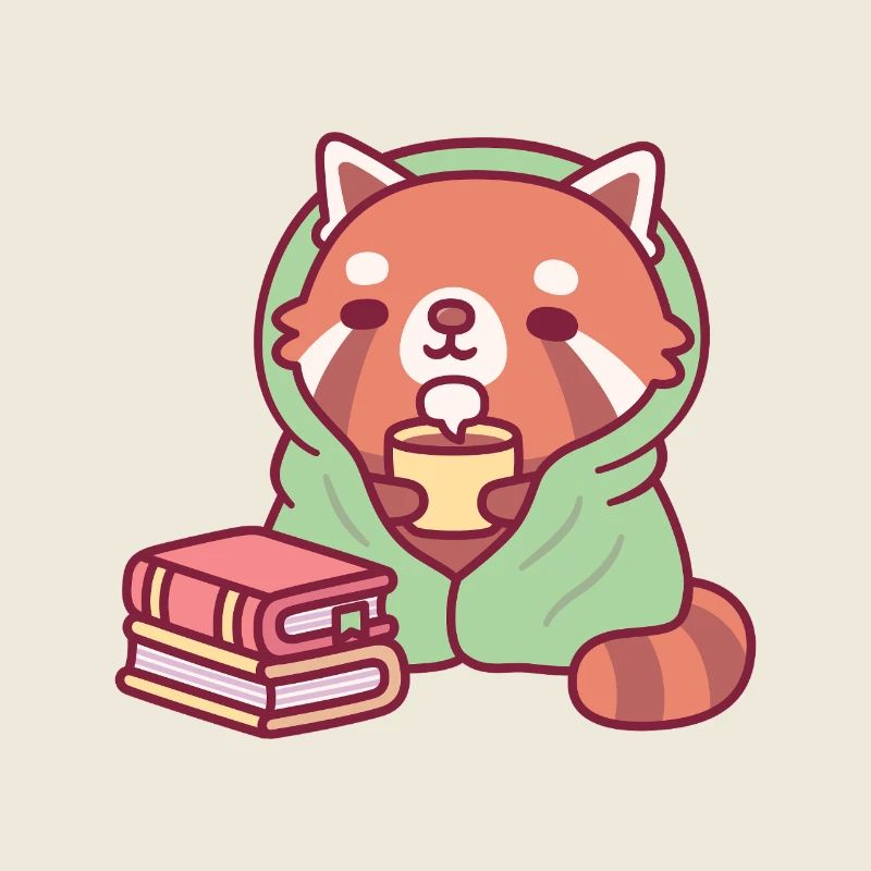 Süßer roter Panda entspannt mit Tee und Büchern