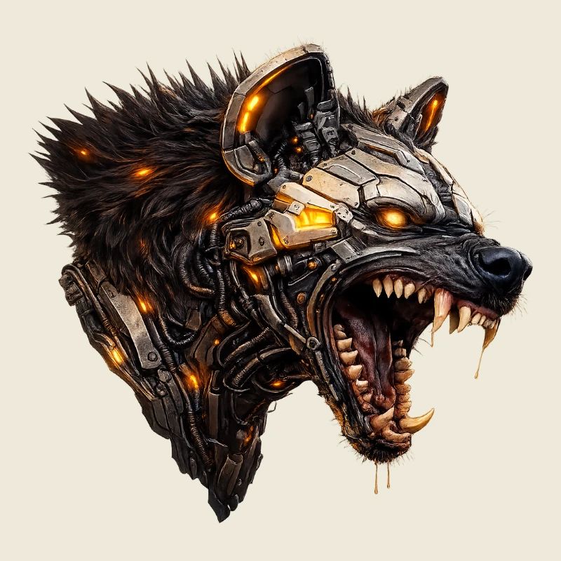 Mechanical hyaena head with luminous accents