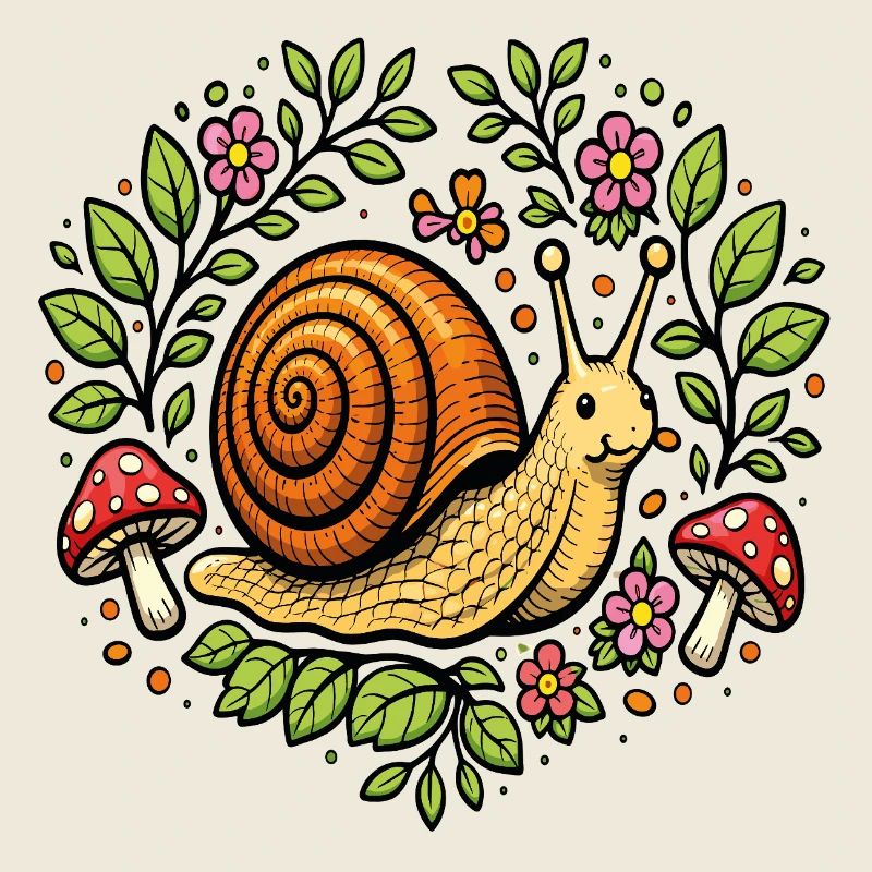 Escargot mignon fleurs et champignons