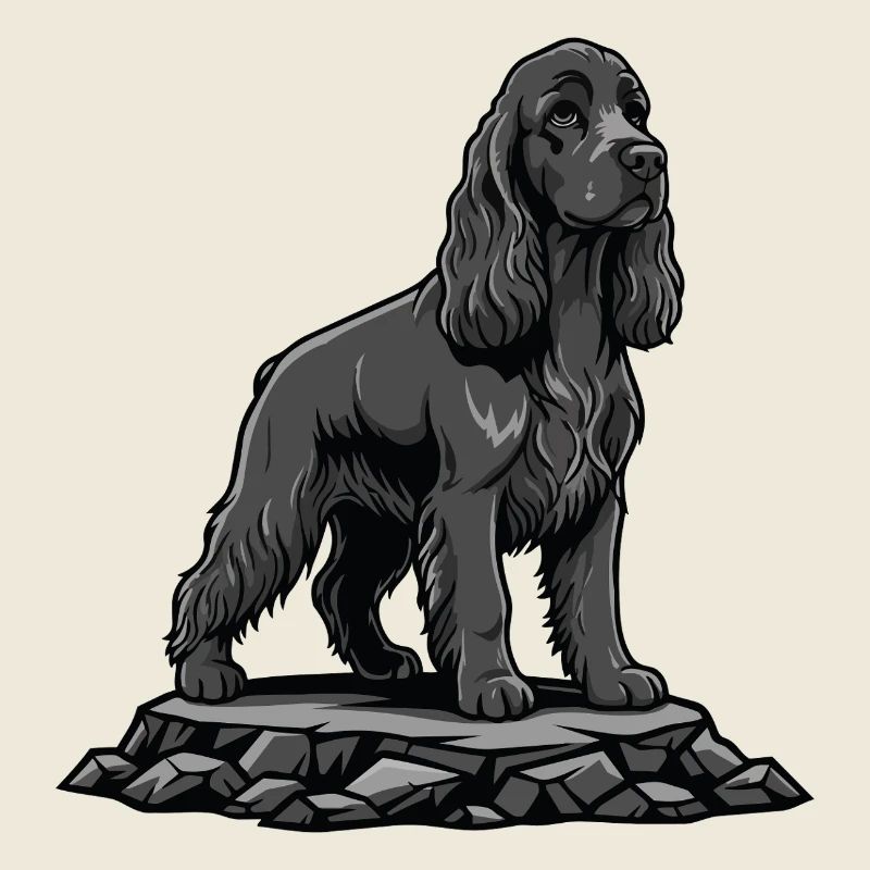 Cocker Spaniel Dog on Rock Black Portrait