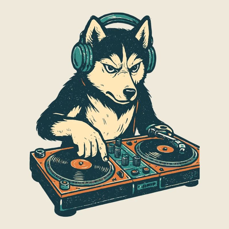 Husky DJ Retro Design : Chien à la console de mixage