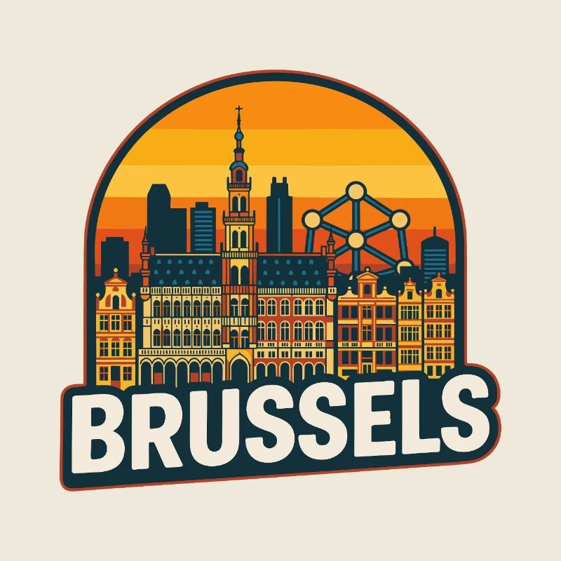 Brussels Belgium Retro Sunset Skyline Design