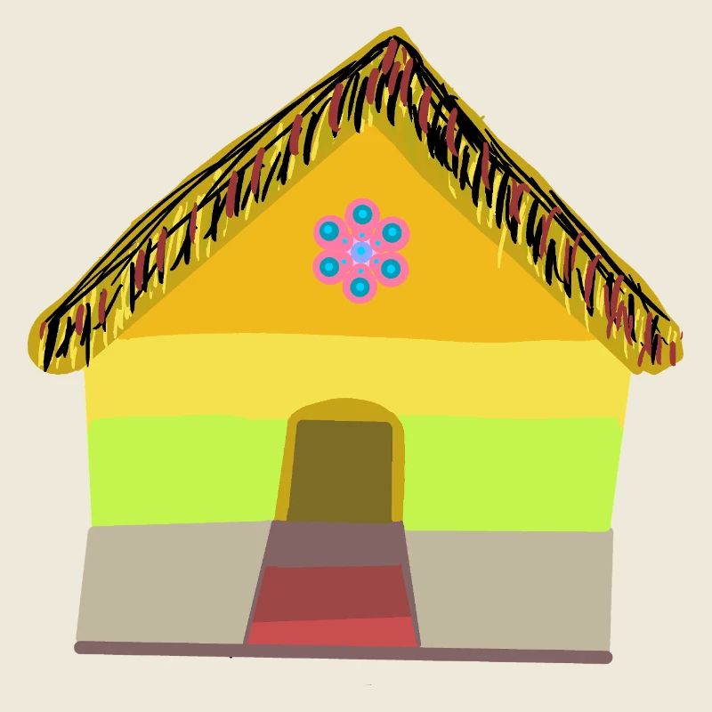 Buntes Dorfhaus mit Strohdach