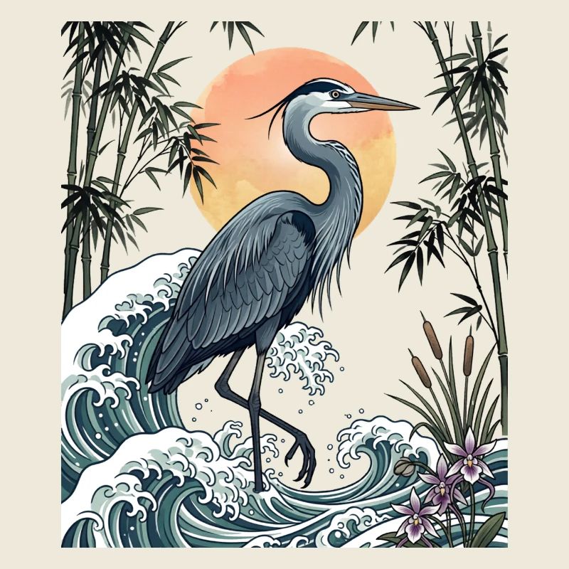 Große Blaureiher Great Wave Küstentierkunst