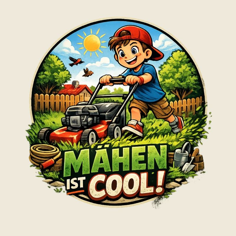 Mähen ist cool – Kind beim Rasenmähen